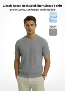 Men's breathable grey ribbed knit T-shirt with ice silk cooling fabric details