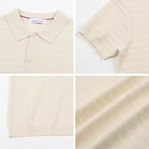 Retro cream knit polo shirt details: stylish collar, elastic cuffs and textured fabric