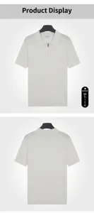 White ice silk knit polo shirt for men with zipper collar and vertical stripes detail