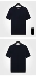 Front and back detailed views of a men's navy blue ribbed knit short sleeve shirt