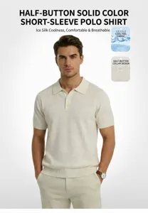 Detailed view of men's retro knit polo shirt with breathable ice silk fabric texture