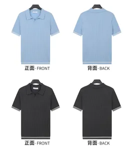 Front and back views of premium men's summer knit polo shirts in light blue and dark grey