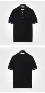 Voor- en achteraanzicht van een zwart heren polo-shirt met korte mouwen en witte strepen.