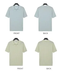 Front and back views of breathable men's knit polo shirts in light blue and green.