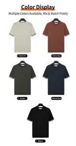 Detail view showing five colors of men's crew neck short sleeve solid knitted t-shirts