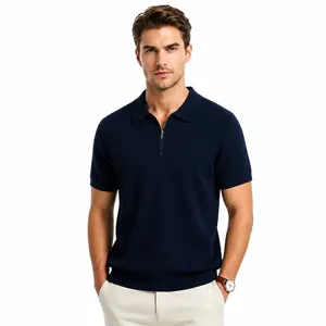 Men Ice Silk Cooling Knitted Polo Shirt Viscose Polyester Zipper Lapel Short Sleeve Solid Color Breathable Summer Business Casual Top