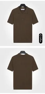 Coffee brown short-sleeved men's polo shirt with zip collar and vertical ribbing