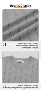 Detailed view of gray knitted fabric with vertical stripes and classic round neck design.