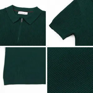 Dark green men's knit polo shirt with ribbed texture and zipper collar details