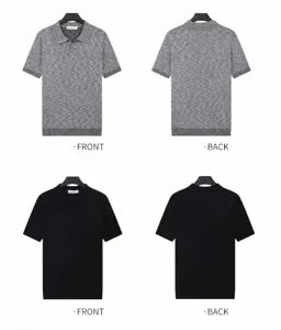 Front and back views of men's breathable knitted short sleeve polo shirts.