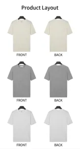 Flat lay display of men's knitted short sleeve t-shirts in beige, grey, and white colors