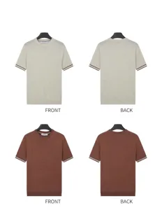 Detailed front and back views of men's crew neck knitted T-shirts in beige and brown.