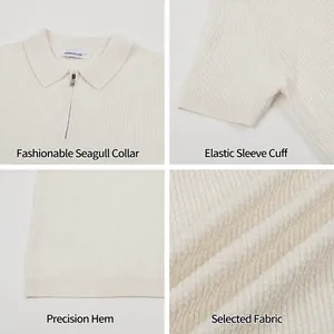Men's white waffle knit Polo shirt with zipper collar and texture details