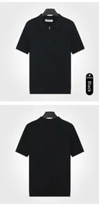 Professional front and back view of a black vertical-striped knitted polo shirt with zipper collar