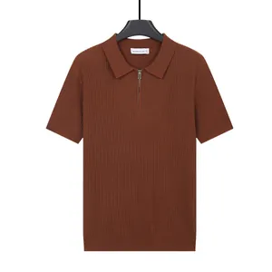 Men's half-zip knit polo shirt in brown ice silk fabric with classic ribbed texture