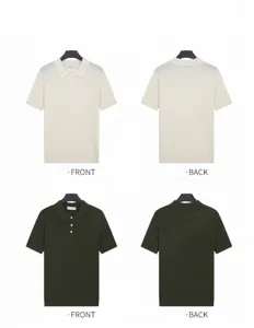 Detailed front and back views of retro men's knit polo shirts in cream and olive green