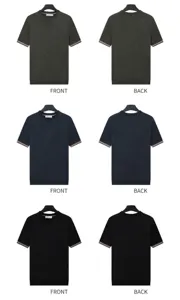 Detailed comparison of front and back designs for men's slim fit short-sleeved knit T-shirts.