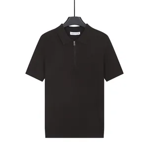 Men's ice silk cool touch knit polo shirt with a zipper collar in solid dark brown