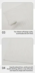Detailed macro view of white ice silk knitted polo shirt cuffs and reinforced hem.