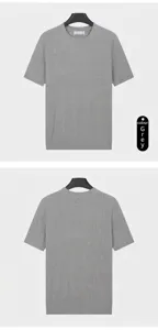 Front and back view of a grey ribbed knit short-sleeve crew neck T-shirt