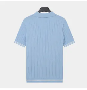 Rear view of light blue men's ice silk polo shirt with ribbed vertical stripes and white cuffs.