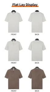 Front and back views of men's knit ice silk Polo shirts in white, grey, and brown