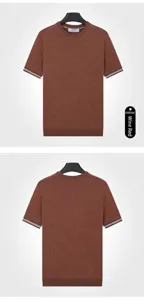 Detailed front and back views of wine red men's slim fit short-sleeved knitted T-shirt