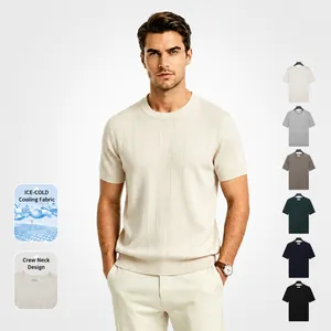Men's Luxury Old Money Style Knitted T-Shirt Round Neck Ribbed Vertical Stripe Short Sleeve Ice Silk Viscose Polyester Top
