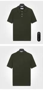 Detail views showing the front and back of a vintage military green knitted polo shirt.