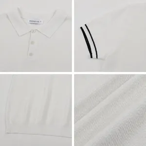 Gedetailleerde weergaven van wit gebreid poloshirt voor heren met kraag, manchetten en stof