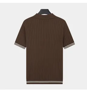 Back view of men's brown short sleeve knitted polo shirt with white stripes