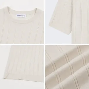 Detailed views of men's cream vertical stripe knitted short sleeve crew neck top
