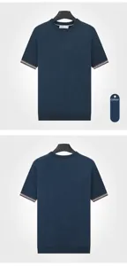 Detailed front and back views of a sapphire blue men's knitted t-shirt with striped cuffs