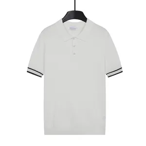 Heren wit gebreid poloshirt korte mouwen met zwarte strepen en knoopsluiting kraag