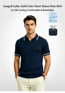 Detail view of the ice silk polo shirt showing the seagull collar design and fabric texture.