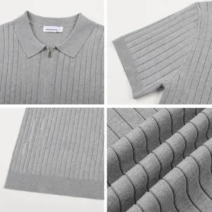 Men's ice silk knit polo shirt featuring a zipper collar and vertical striped texture