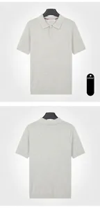 Detailed front and back views of a men's premium apricot knit short-sleeve polo shirt