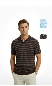 Men's cooling ice silk striped knit polo shirt with stylish seagull collar design.