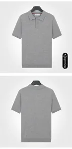 Detailed front and back views of a premium grey ice silk knit polo with seagull collar.