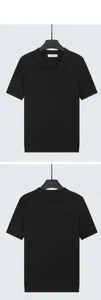 Vista dettagliata anteriore e posteriore di una polo da uomo nera in maglia di seta ghiaccio.