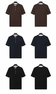 Heren gebreid Henley-shirt van ijszijde met strepen, voor- en achterkant in 3 kleuren