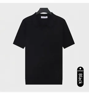 Classic black short-sleeved knitted polo shirt for men with a refined minimalist style