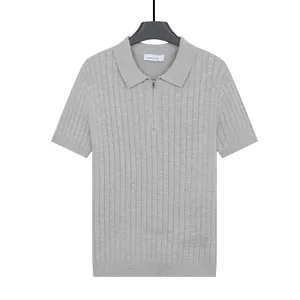 Men's grey short sleeve knitted polo shirt with stylish zipper neck and ribbed texture
