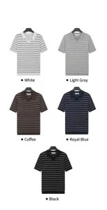 Men's striped knit polo shirts shown in white, grey, brown, navy, and black colors.