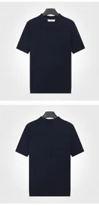 Front and back views of a navy blue knitted Polo shirt with seagull collar.
