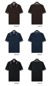 Detailed front and back views of men's short sleeve ice silk knit polo shirt in three colors