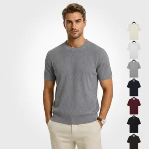 Men Slim Fit Ice Silk Knit Top Ribbed Texture Cooling Breathable Solid Color Round Neck Short Sleeve Summer Fashion Shirt