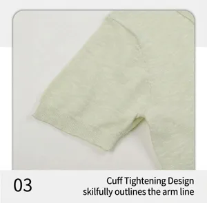Detailed view of the ribbed sleeve cuff design on a light green summer knit polo shirt