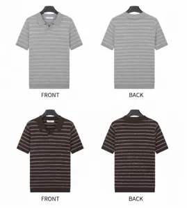 Detailed front and back views of men's striped knit polo shirts in grey and brown