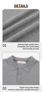 Macro detail of the grey ice silk knit fabric and seagull collar of the Polo shirt